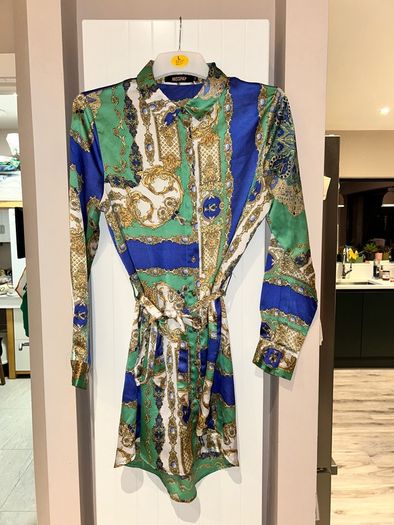 Misspap green,white,blue and gold silk like shirt dress