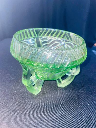 Vintage Sowerby Green glass bowl on three feet