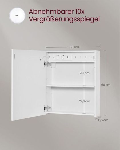 LED Bathroom Mirror Cabinet with Storage White, 50x60 cm, Defogging, Magnifying Mirror, USB & Power Outlets