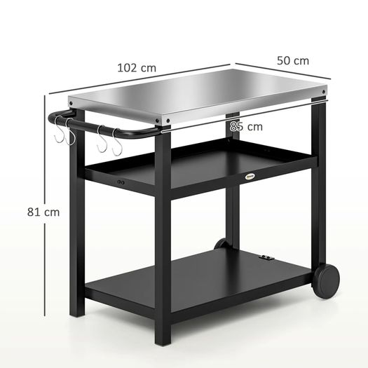 BBQ Trolley Food Prep Outdoor 3-Shelf Movable Pizza Oven Table Stand with Stainless Steel Top