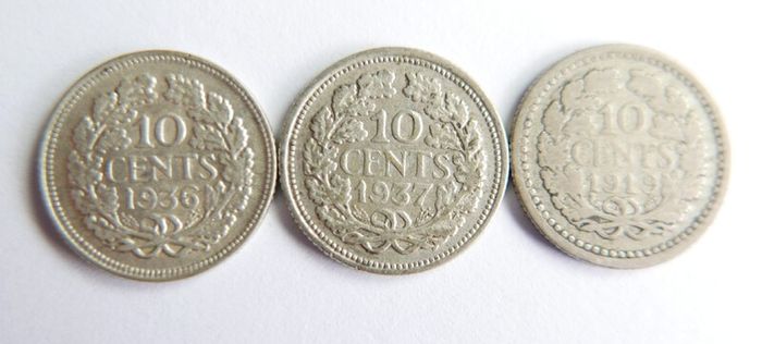 Netherlands, Wilhelmina I, 10 Cents, 1919-36-37, Silver Coins