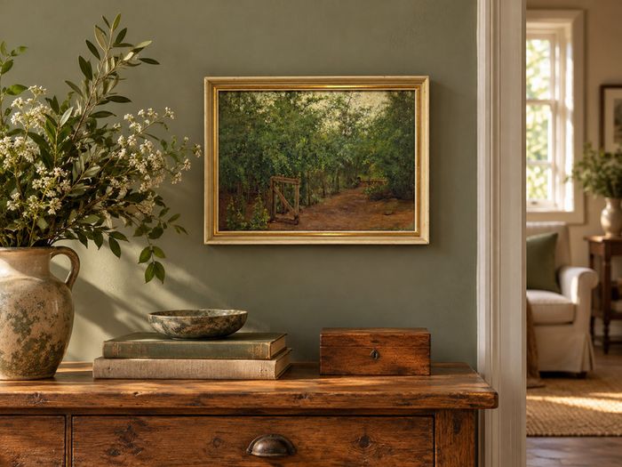 Original Oil Painting Woodland Lane Gate, Charles Webb Print Shop Dublin Label