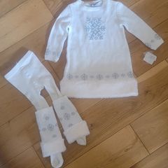 Tahari Knitted Dress with Faux Fur Trim &Matching Tights with Leg Warmers Age 12 Months
