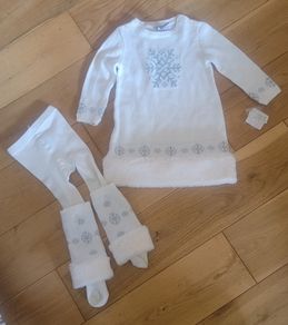 Tahari Knitted Dress with Faux Fur Trim &Matching Tights with Leg Warmers Age 12 Months