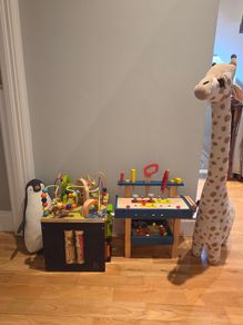 B. Toys Wooden Activity Cube, Wooden Workbench & Soft toys