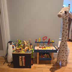 B. Toys Wooden Activity Cube, Wooden Workbench & Soft toys