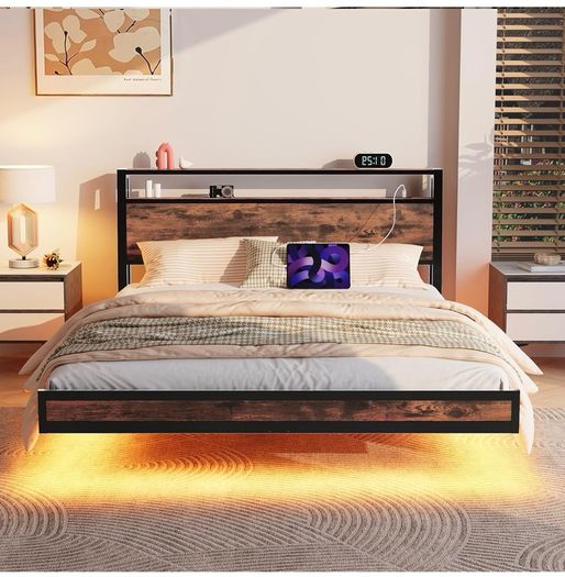 Floating Bed Frame King Size with Charging Station and LED Lights, Wood Headboard with Storage Shelves