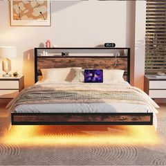 Floating Bed Frame King Size with Charging Station and LED Lights, Wood Headboard with Storage Shelves