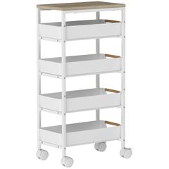 Wood 5-Tier Storage Trolley on Wheels - White