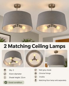 2 Matching Grey Ceiling Lamps with Chrome Fittings 53cm