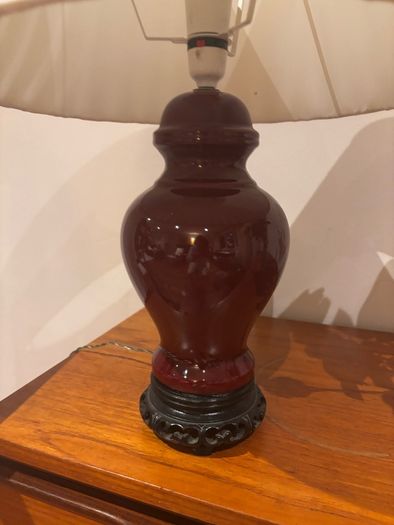 Please Check Photos- Mid Century Oxblood glazed Ginger Jar Table Lamps (2)  with off white pleated empire shade
