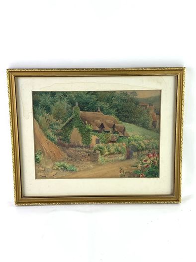 Vintage watercolour of thatched cottage