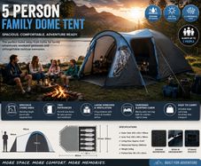 5 Person Dome Tent Living Room Side Entrance Window Headroom 5000 mm Blue Grey