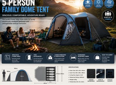 5 Person Dome Tent Living Room Side Entrance Window Headroom 5000 mm Blue Grey