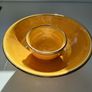 Vintage Ochre Yellow Ceramic Bowl Set with Silver and Gold Metal Rim Accent Image 2
