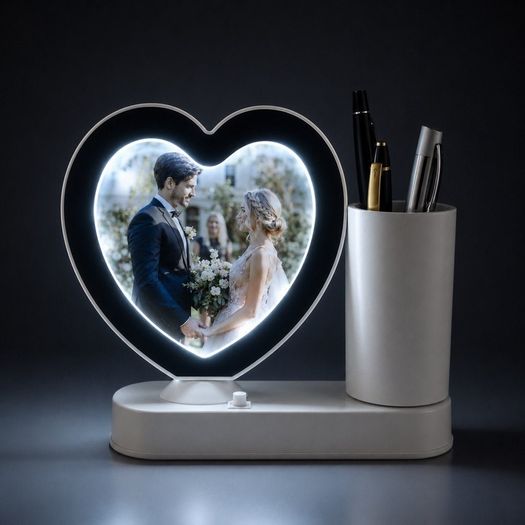 Magic mirror with photo insert and LED light with pen holder - HEART-SHAPED