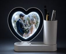 Magic mirror with photo insert and LED light with pen holder - HEART-SHAPED