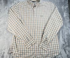 FRED PERRY Long Sleeve Check Shirt Green White Orange Mens Size XL - Mod 60s