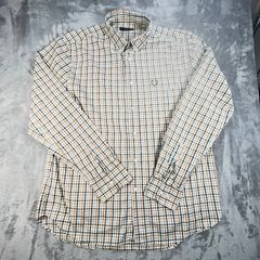 FRED PERRY Long Sleeve Check Shirt Green White Orange Mens Size XL - Mod 60s