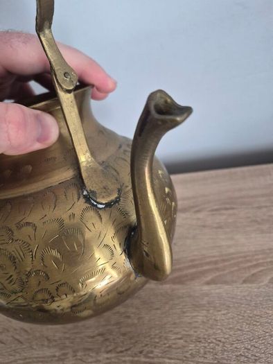Vintage Etched Brass Teapot with Wooden Handle, Decorative Gold Teapot