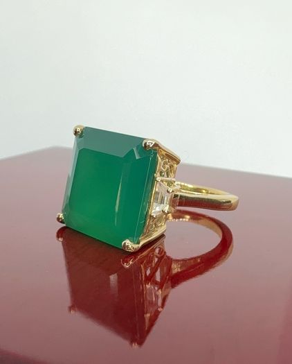 Gold plated Verde Onyx & White Zircon Ring 14K Gold Plated