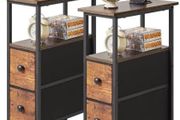 Narrow Side Table Set of 2, Slim Bedside Table with 2 Fabric Drawers, Nightstand for Small Spaces, Sofa Table