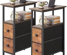 Narrow Side Table Set of 2, Slim Bedside Table with 2 Fabric Drawers, Nightstand for Small Spaces, Sofa Table