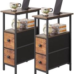 Narrow Side Table Set of 2, Slim Bedside Table with 2 Fabric Drawers, Nightstand for Small Spaces, Sofa Table