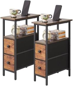 Narrow Side Table Set of 2, Slim Bedside Table with 2 Fabric Drawers, Nightstand for Small Spaces, Sofa Table