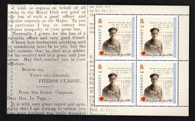 2014 Guernsey Stories from the Great War (I) 54p Major George Le Page Commemorative Stamp Booklet Pane Mint Never Hinged (MNH)