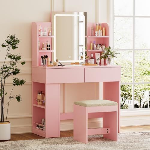 Dressing Table with Stool and Mirror, Dressing Table with LED Lighting with 3 Colours, Adjustable Brightness, Cosmetic Table with 2 Drawers, Open Compartments, Modern (Pink)