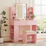 Dressing Table with Stool and Mirror, Dressing Table with LED Lighting with 3 Colours, Adjustable Brightness, Cosmetic Table with 2 Drawers, Open Compartments, Modern (Pink) Image 6