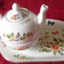 4 Piece Aynsley Cottage Garden Pattern Bone China Rare Tennis Set With Tray And Oban Cup, Tea Pot With Lid And Water Pitcher For One Person Setting Made In England Image 3