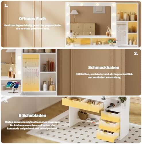 LED Dressing Table with Mirror and Light with LED Lighting with Sockets (AC, USB & Type-C), 5 Drawers, 7 Open Storage Spaces with Jewellery Hooks