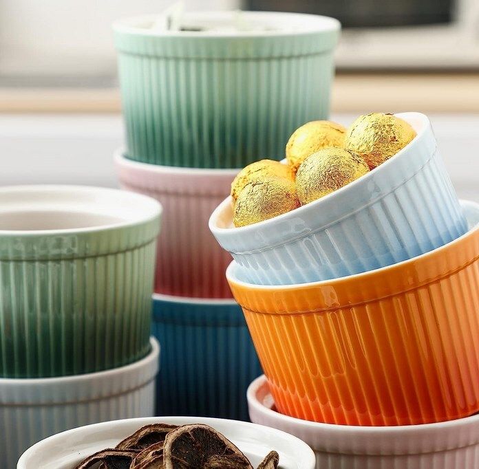 12 Porcelain Ramekins, Henten Home Souffle Dishes Bowls for Baking, Pudding, Creme Brulee, Custard Cups, Serving Dip, Oven, Microwave and Dishwasher Safe