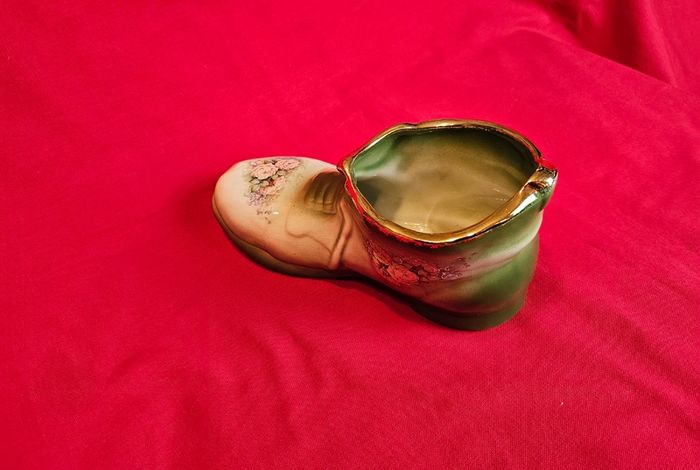 Staffordshire Style Porcelain Boot Vase - Green with Roses ,  Decor or Cactus Planter