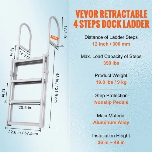 Dock Ladder, Retractable 4 Steps, 350 lbs Load Capacity, Aluminum Alloy Pontoon Boat Ladder with 55.1''-67.1'' Adjustable Height, 4'' Wide