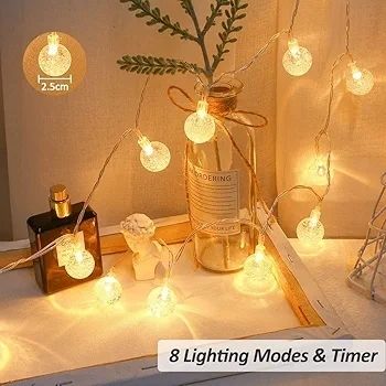 Fairy Lights Battery Operated 5M/20ft 50LEDs Crystal Ball Waterproof Globe String Lights Hanging Lights 8 Modes with Remote Control for Indoor Outdoor Bedroom Party Christmas Wedding Garden Decoration