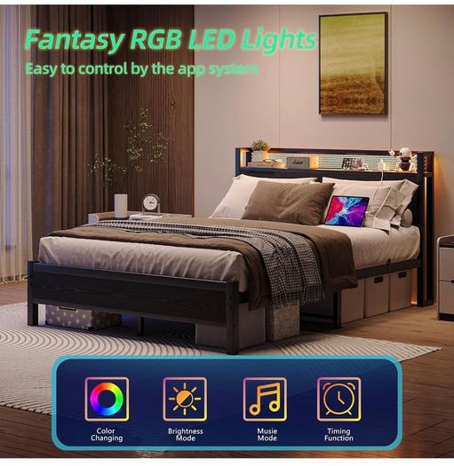 King Size Bed Frame with Storage,LED Lights,5ft Metal Bed Frame Kingsize Bed Frame with Charging Station,Mattress Foundation,Strong Steel Slats Support,Noise Free,Black