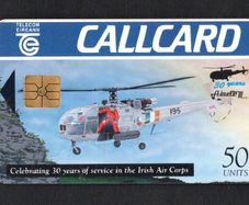 1994 Ireland 50 Unit 30th Anniversary of the Aloutte 3 helicopter that was used by the Irish Air Corp Callcard (Gemplus GEM1) Call Card Used. Telecom Eireann card number 1063