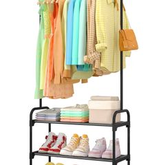Large Capacity Freestanding Clothes Rack with 2-Tier Shoe Organizer & Non-Slip Feet, Heavy-Duty Clothing Rail for Bedroom, Entrance, Laundry, 74 x 30 x 150cm, Black