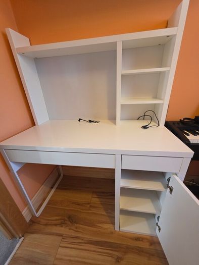 IKEA MICKE White Desk with Shelving Unit, Whiteboard & Storage - Excellent Condition