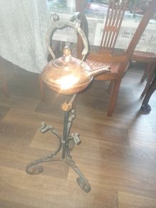 Beautiful Old Brass Kettle on an Awesome Forged Wrothe Iron Stand