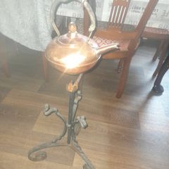 Beautiful Old Brass Kettle on an Awesome Forged Wrothe Iron Stand