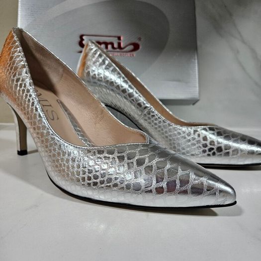 Emis new collection court silver snake skin medium heel leather shoes UK4.5 EU 37.5 new & boxed