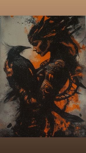 Hand crafted gem art of girl with raven