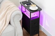 Slim Bedside Table with Charging Station, Narrow Side Table with LED Lights, Small End Table with 2 Fabric Drawers, Nightstand for Small Spaces, Living Room, Bedroom, Black