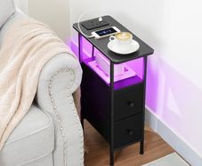 Slim Bedside Table with Charging Station, Narrow Side Table with LED Lights, Small End Table with 2 Fabric Drawers, Nightstand for Small Spaces, Living Room, Bedroom, Black