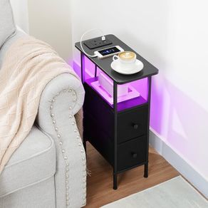 Slim Bedside Table with Charging Station, Narrow Side Table with LED Lights, Small End Table with 2 Fabric Drawers, Nightstand for Small Spaces, Living Room, Bedroom, Black