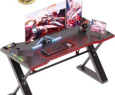 120 x 55 cm Gaming Desk with LED Lights, Gaming Table Thickened Z Shaped, Gamer Desk with Carbon Fiber Coated, Gaming PC Desk, Computer Desk Easy to Assemble, Carbon Fiber Black